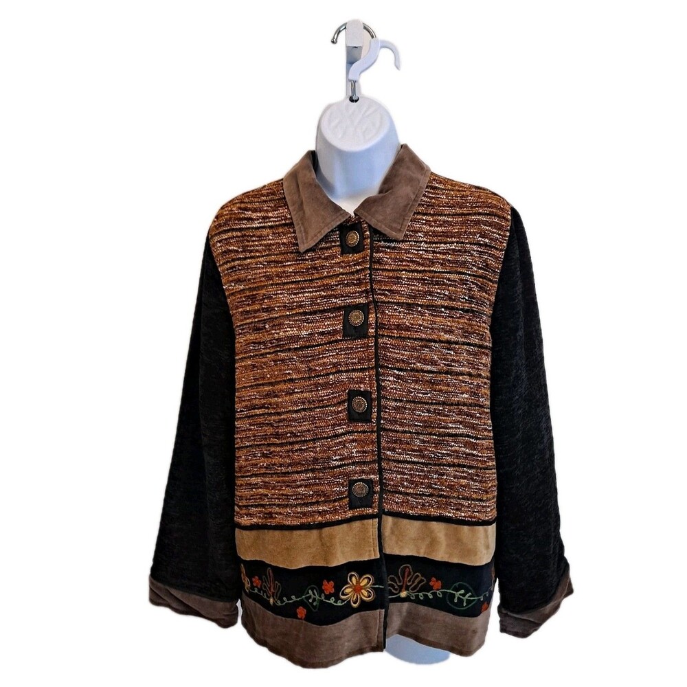 Women's Woven Embroidered Jacket Size Petite M Parisian Works Brown Grandma Boho